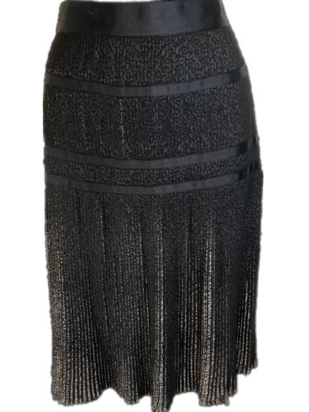 ECRU Black Sheer Pleated Midi Skirt Grosgrain Trim Textured Women's Size 6